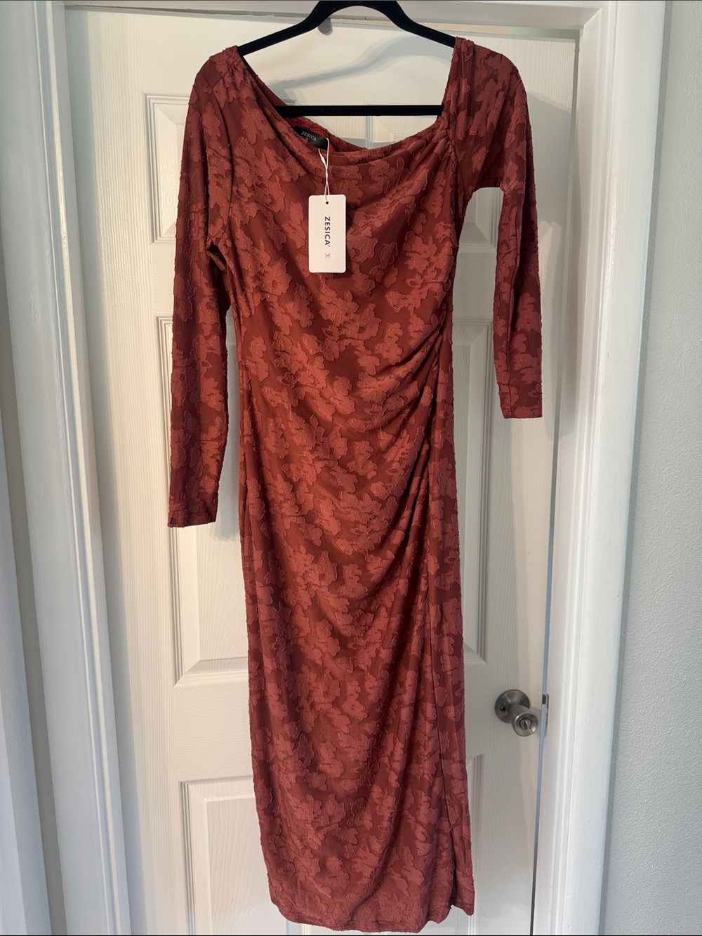 Rust Floral Lace Midi Dress with Drape